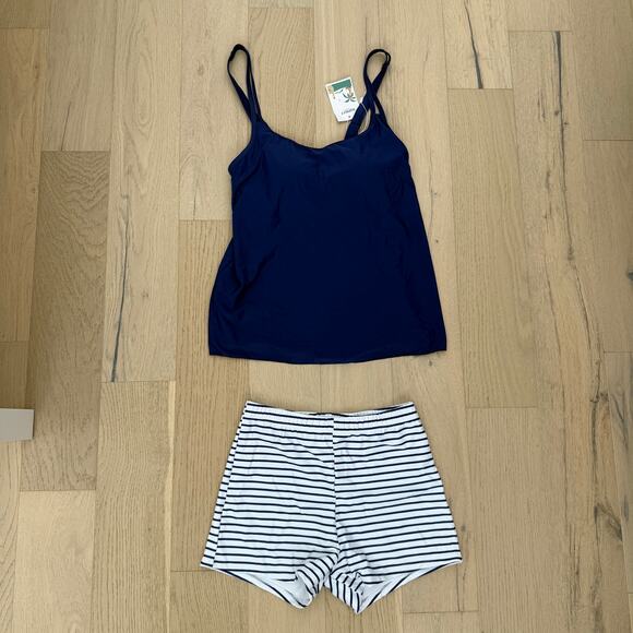 B2PRITY Women's Tankini Swim Set Size S Navy Stripe Shorts Nautical Sporty NWT - Picture 2 of 4
